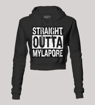Straight Outta Mylapore Women's Crop Hoodies in Black Color