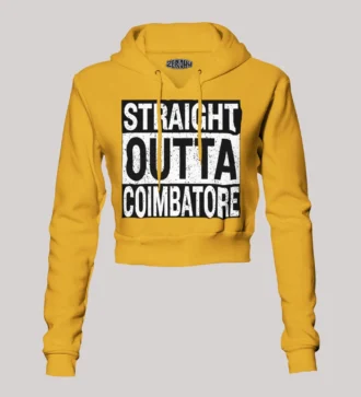 Straight Outta Coimbatore Women's Crop Hoodies in Mustard Yellow Color