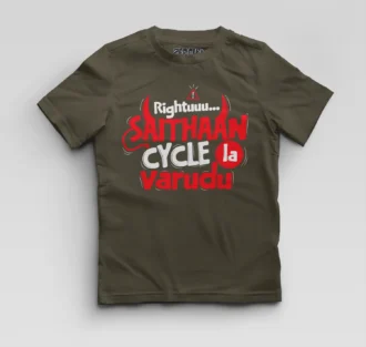 Rightuuu.. Saithaan Cycle La Varudhu Boys Round Neck T-Shirt in Olive Green Color