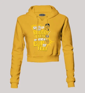Shut Up Your Bloody Mouth Women's Crop Hoodies in Mustard Yellow Color