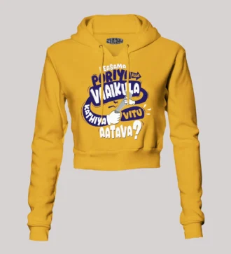 Peasama Poriya Ila Vaaikula Kathiya Vitu Aatava Women's Crop Hoodies in Mustard Yellow Color