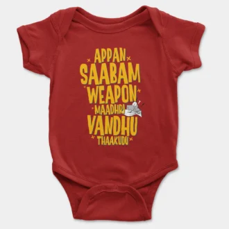 Appan Saabam Weapon Maadhri Vandhu Thaakudu Onesie/Romper in Red Color