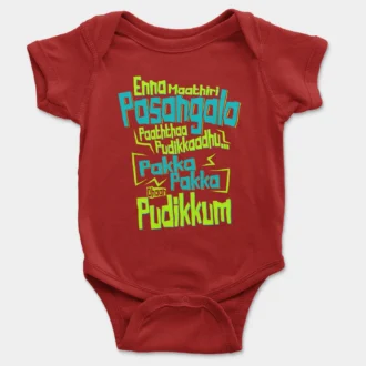 Enna Madri Pasangala Paaththa Pudikkaadhu Onesie/Romper in Red Color