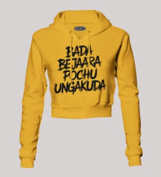 Bada Bejaara Pochu Ungakuda Women's Crop Hoodies in Mustard Yellow Color