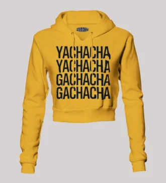 Yachacha Yachacha, Gachacha Gachacha - Black Women's Crop Hoodies in Mustard Yellow Color