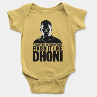 No Matter How You Start, Finish It Like Dhoni Onesie/Romper in Yellow Color