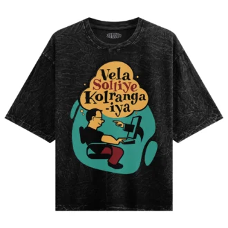 Vela Soliye Kolrangaiya Men/Unisex Acid Wash Oversized T-Shirt in Black Color