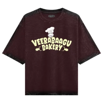Veerabaagu Bakery Men/Unisex Acid Wash Oversized T-Shirt in Maroon Color