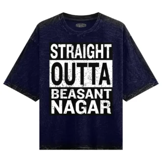 Straight Outta Beasant Nagar Men/Unisex Acid Wash Oversized T-Shirt in Navy Blue Color
