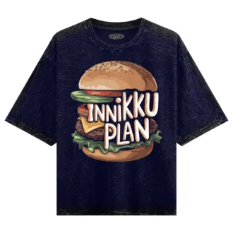 Innikki Plan - Burger Men/Unisex Acid Wash Oversized T-Shirt in Navy Blue Color