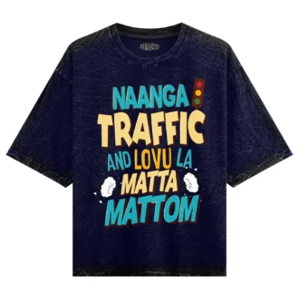 Naanga Traffic And Lovu La Matta Mattom Men/Unisex Acid Wash Oversized T-Shirt in Navy Blue Color