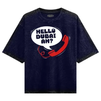 Hello Dubai Ah? Men/Unisex Acid Wash Oversized T-Shirt in Navy Blue Color
